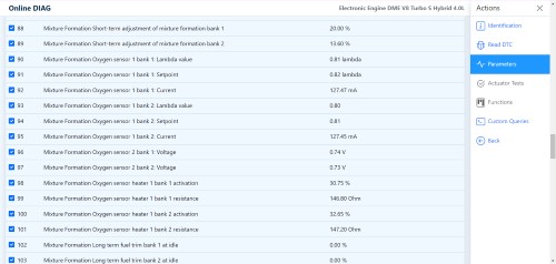 Engine control module live parameters in Online DIAG